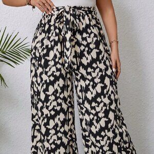 Black Preppy Womens Allover Print Belted Wide Leg Pants